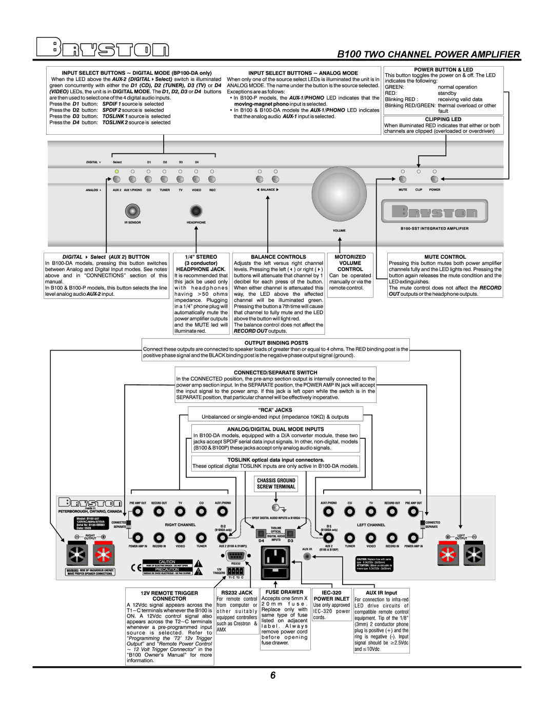 Bryston B100-P, B100-DA owner manual B100 TWO Channel Power Amplifier 