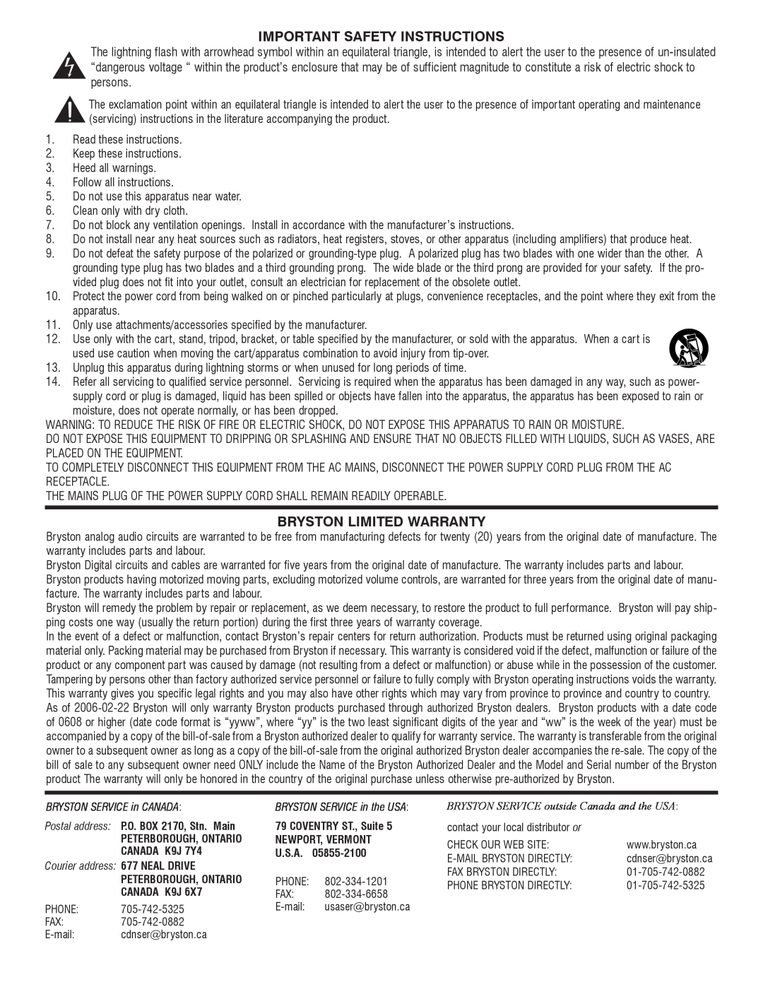 Bryston B100-P, B100-DA owner manual Important Safety Instructions, Bryston Limited Warranty 