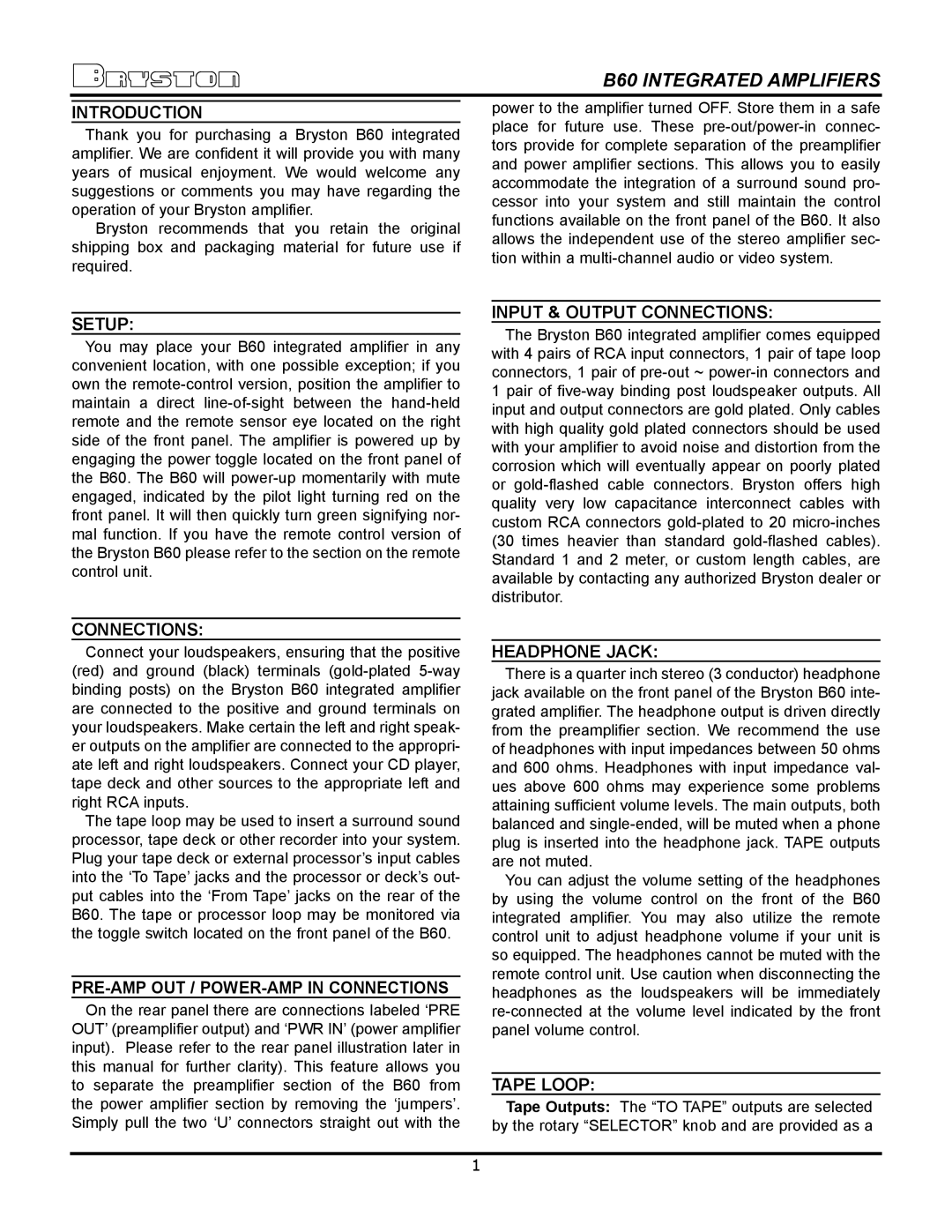 Bryston B60RDA, B60RP owner manual Introduction, Setup, Input & Output Connections, Headphone Jack, Tape Loop 