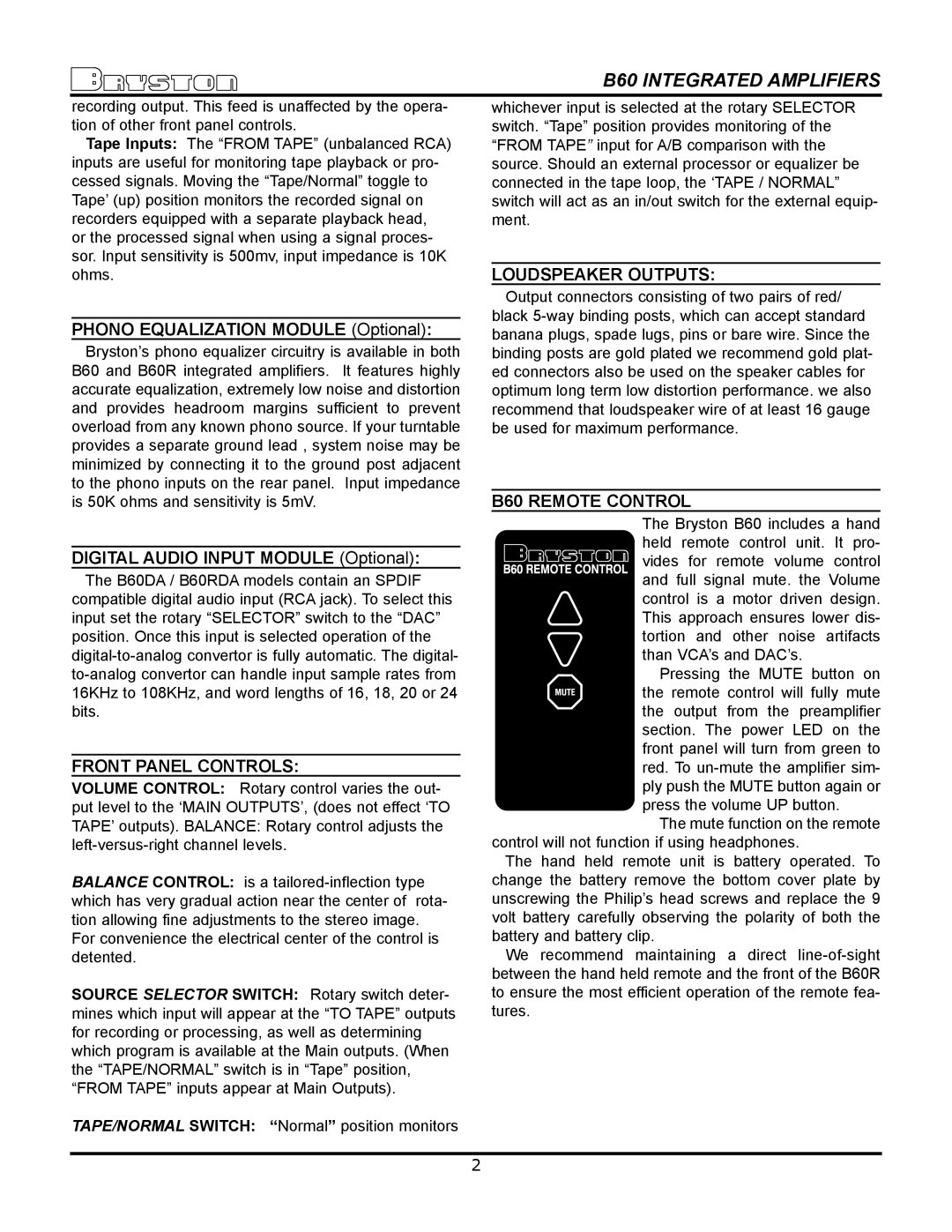 Bryston B60RDA, B60RP Phono Equalization Module Optional, Digital Audio Input Module Optional, Front Panel Controls 