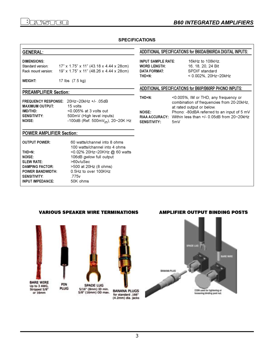 Bryston General, Preamplifier Section, Additional Specifications for B60P/B60RP Phono Inputs, Power Amplifier Section 