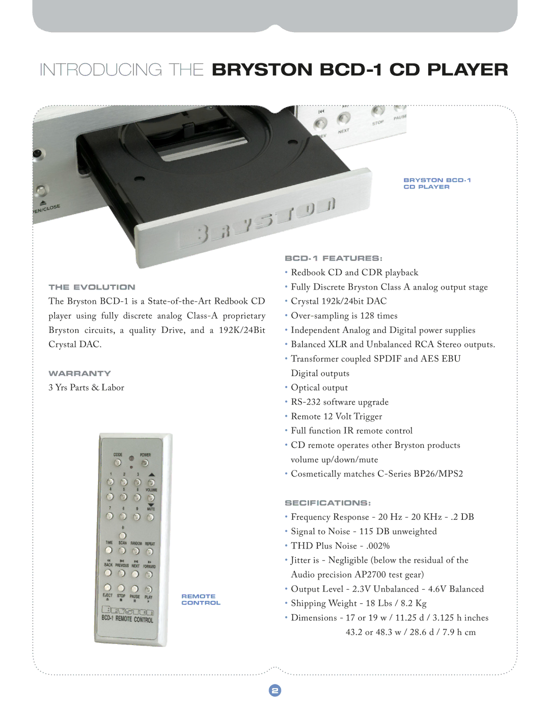 Bryston manual Introducing the Bryston BCD-1 CD Player 