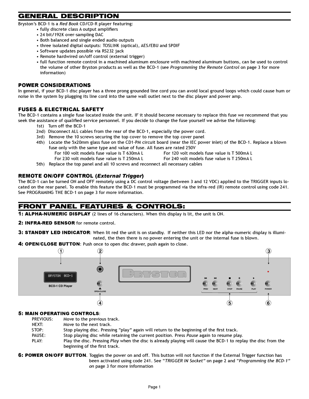 Bryston BCD-1 General Description, Front Panel Features & Controls, Power Considerations, Fuses & Electrical Safety 