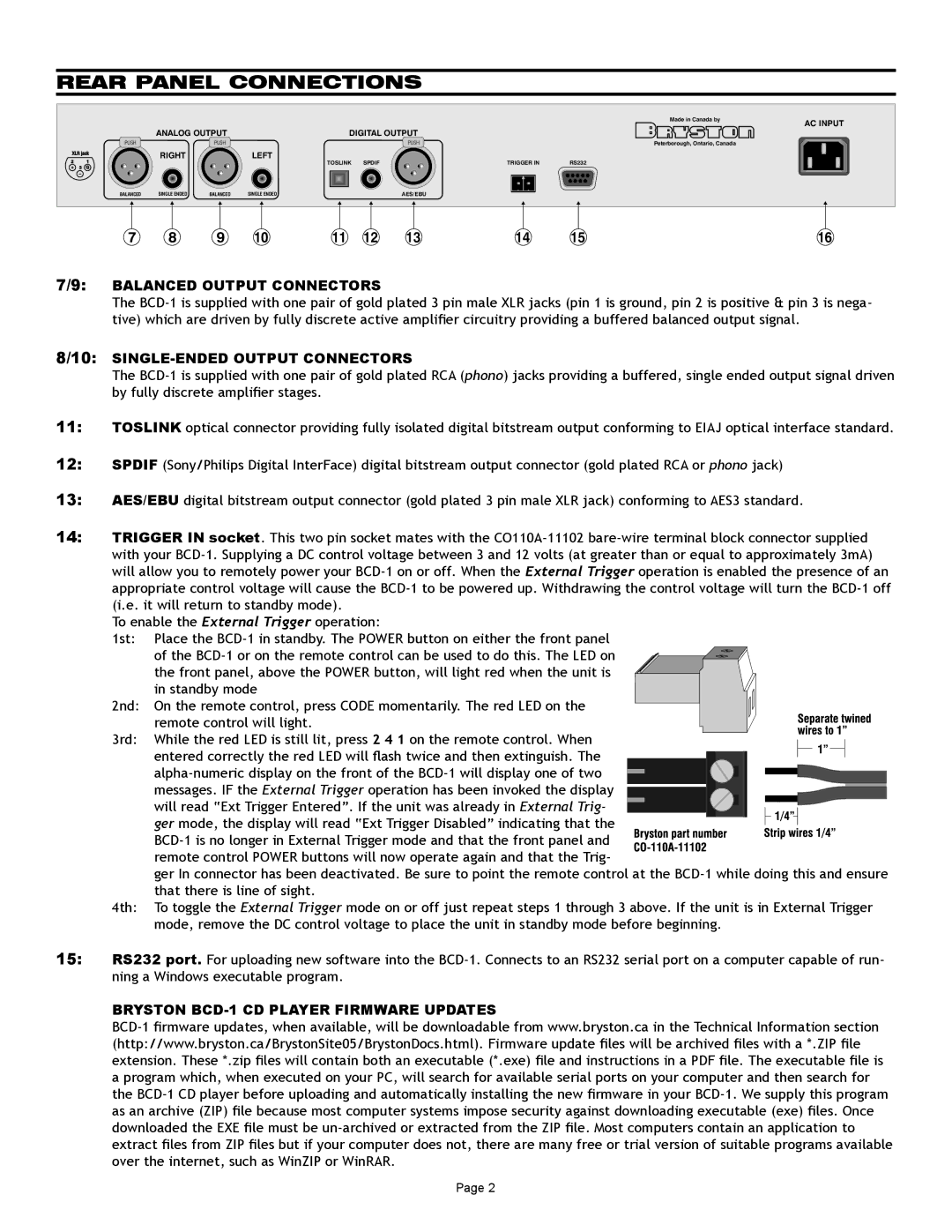 Bryston BCD-1 owner manual Rear Panel Connections, Balanced Output Connectors, SINGLE-ENDED Output Connectors 