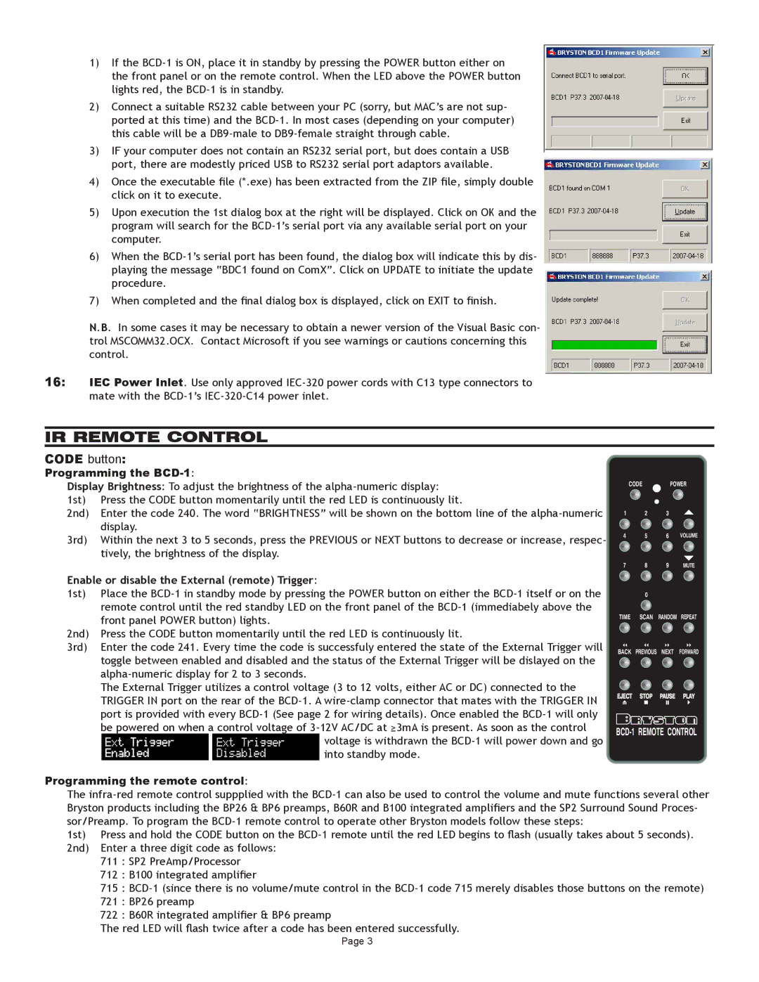 Bryston BCD-1 owner manual IR Remote Control, Code button 