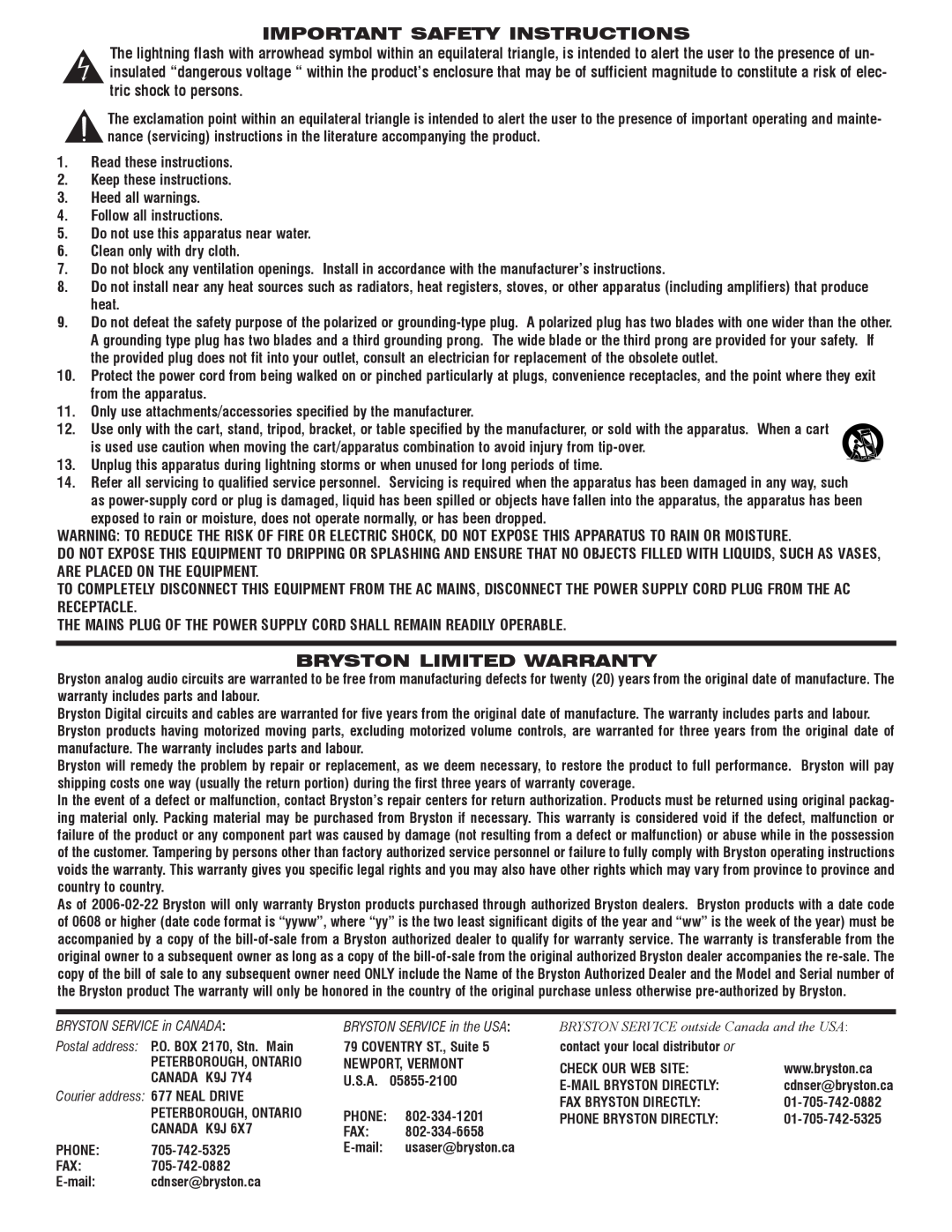 Bryston BCD-1 owner manual Important Safety Instructions, Bryston Limited Warranty 