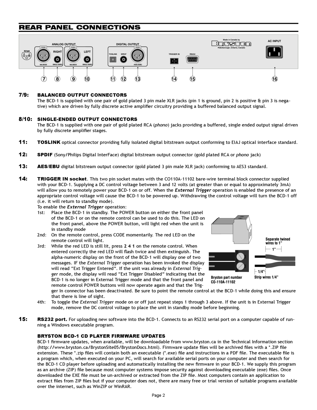 Bryston BCD-1 owner manual Rear Panel Connections, 7/9 BALANCED OUTPUT CONNECTORS, 8/10 SINGLE-ENDEDOUTPUT CONNECTORS 