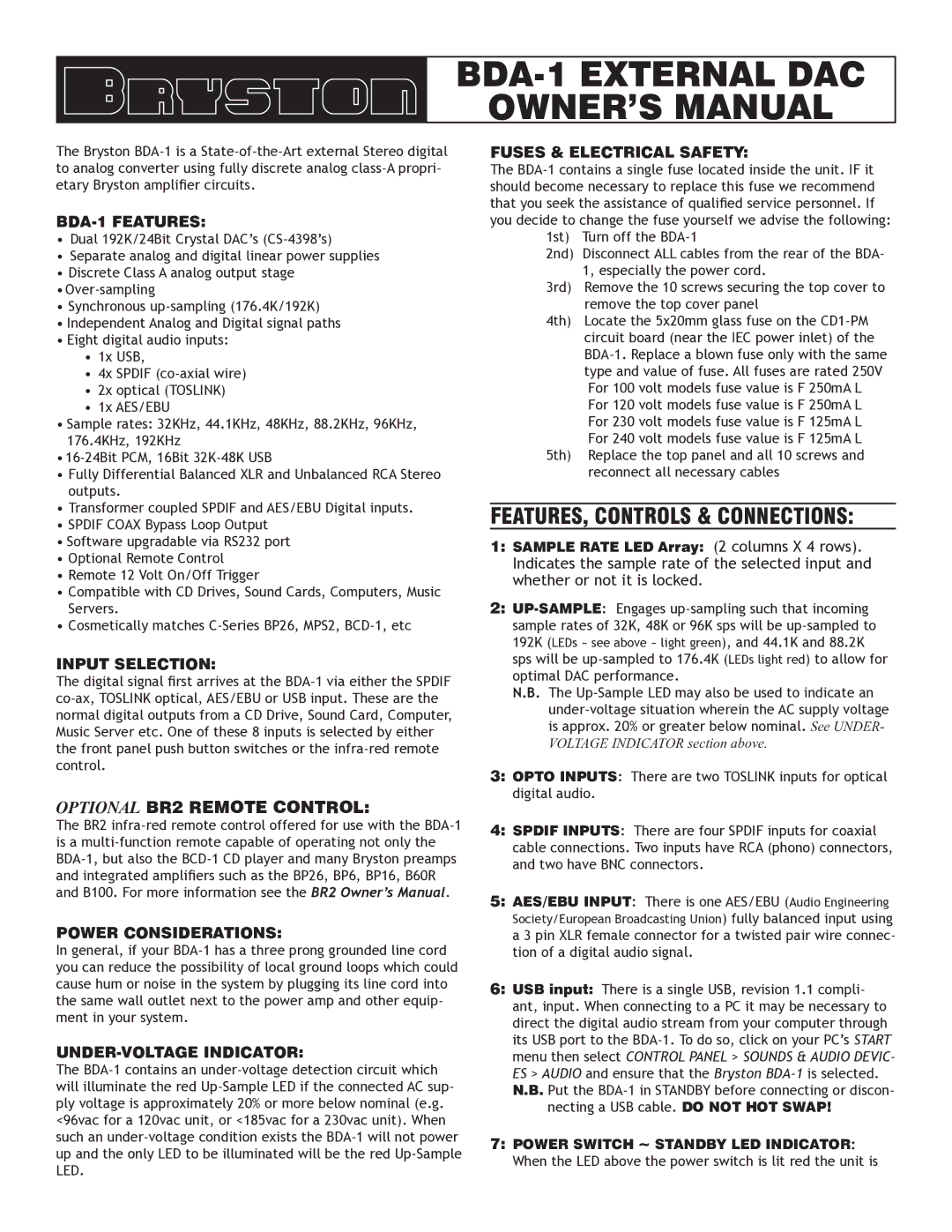 Bryston owner manual BDA-1 Features, Power Considerations, UNDER-VOLTAGE Indicator, Fuses & Electrical Safety 