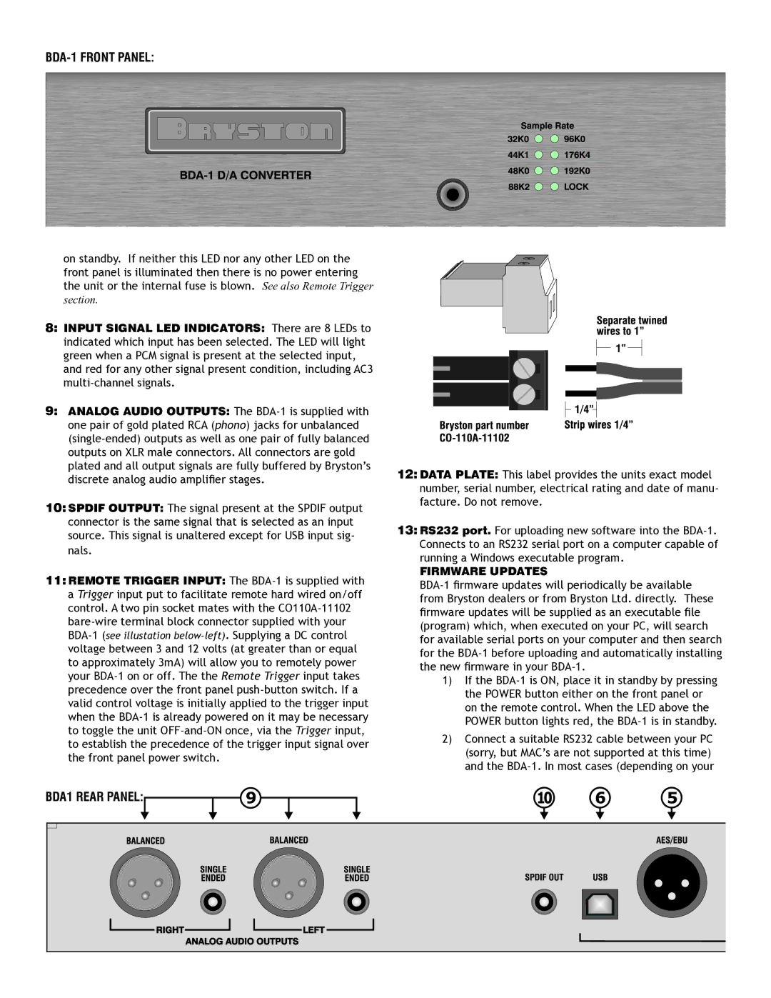 Bryston owner manual BDA-1 Front Panel, BDA1 Rear Panel, Firmware Updates 