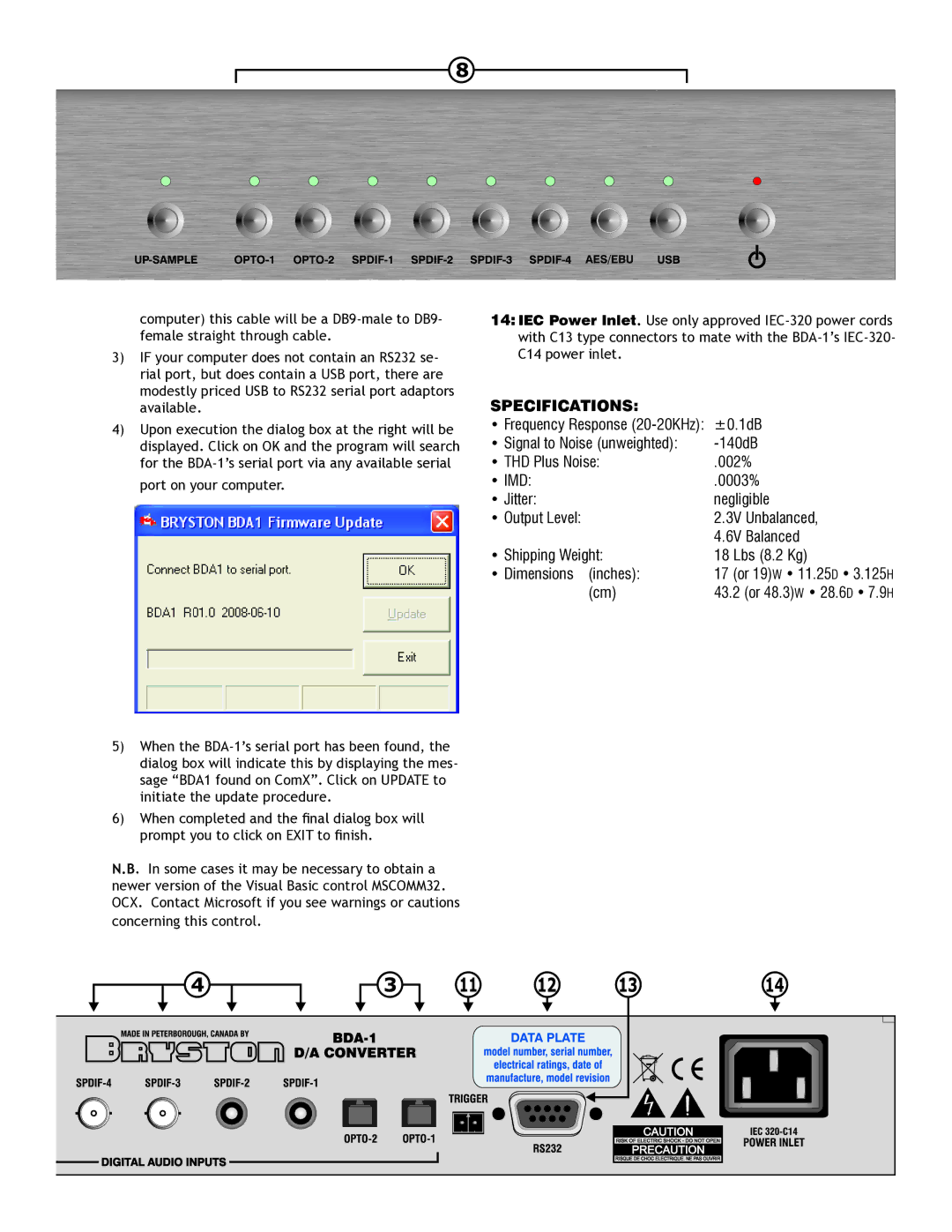 Bryston BDA-1 owner manual Specifications 