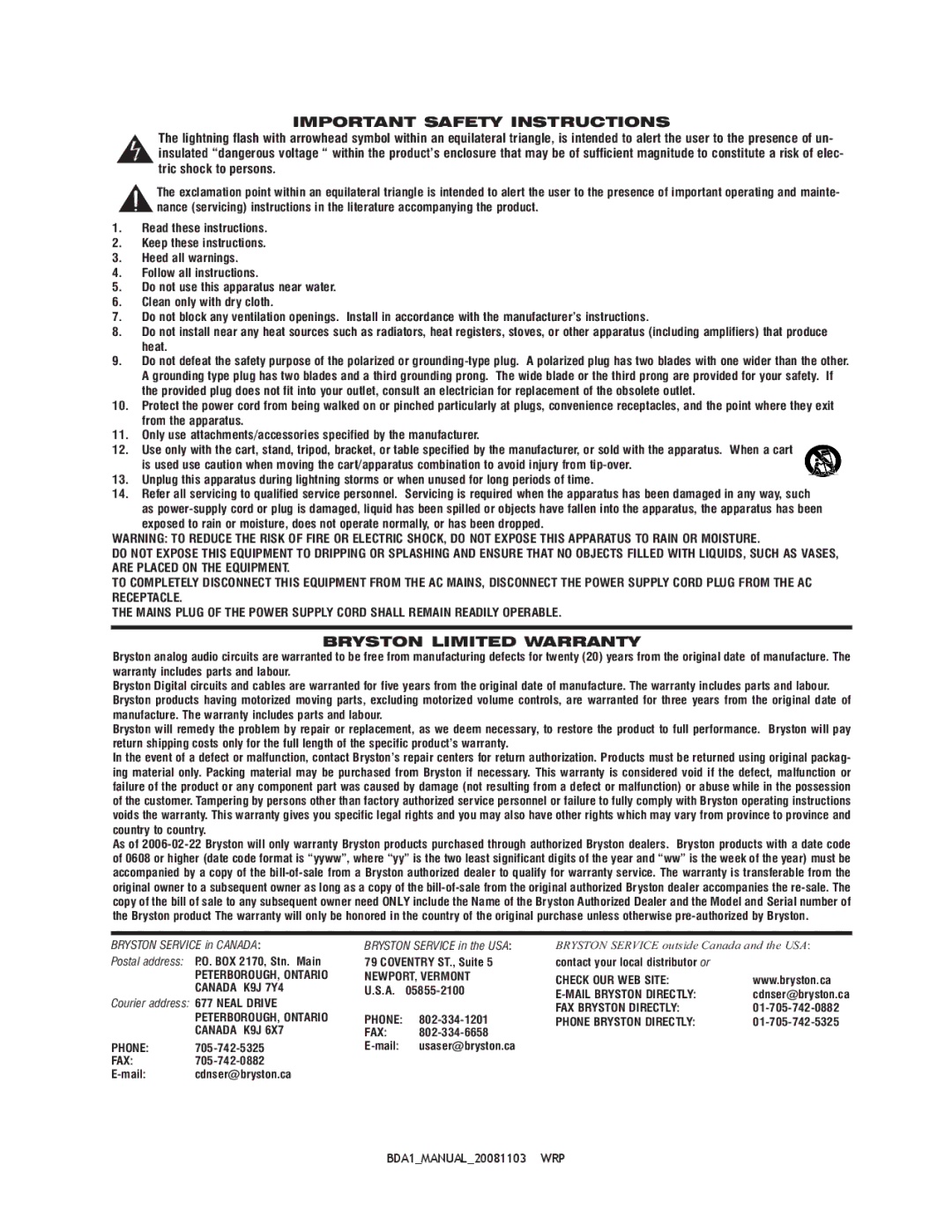 Bryston BDA-1 owner manual Important Safety Instructions, Bryston Limited Warranty 