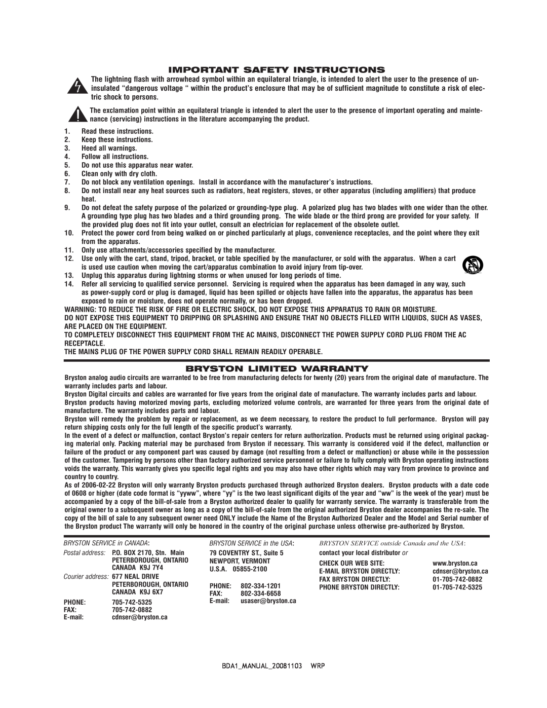 Bryston BDA-1 owner manual Important Safety Instructions, Bryston Limited Warranty 