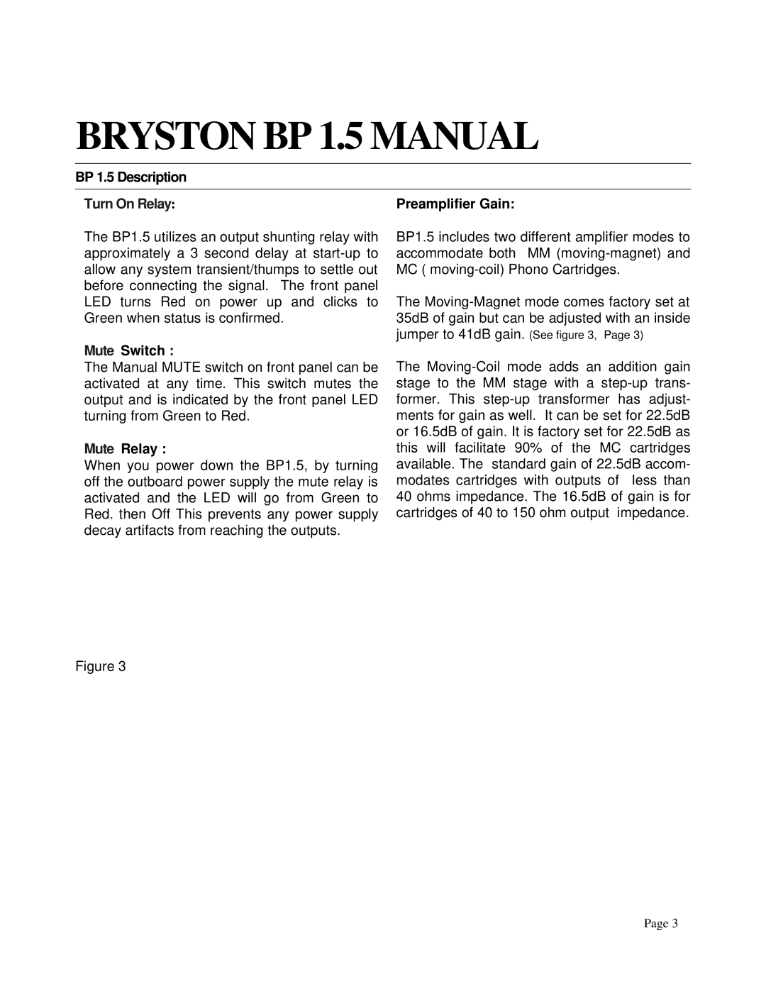 Bryston owner manual Bryston BP 1.5 Manual, BP 1.5 Description, Mute Switch, Mute Relay 