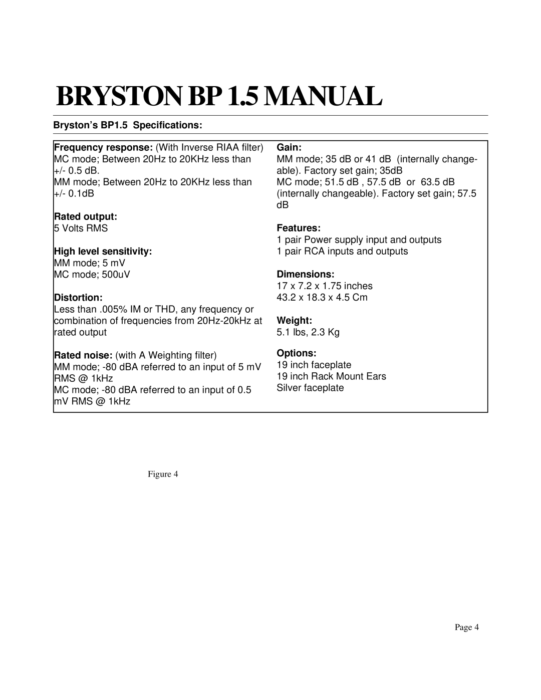 Bryston BP 1.5 Bryston’s BP1.5 Specifications, Gain, Rated output Features, High level sensitivity, Dimensions, Distortion 