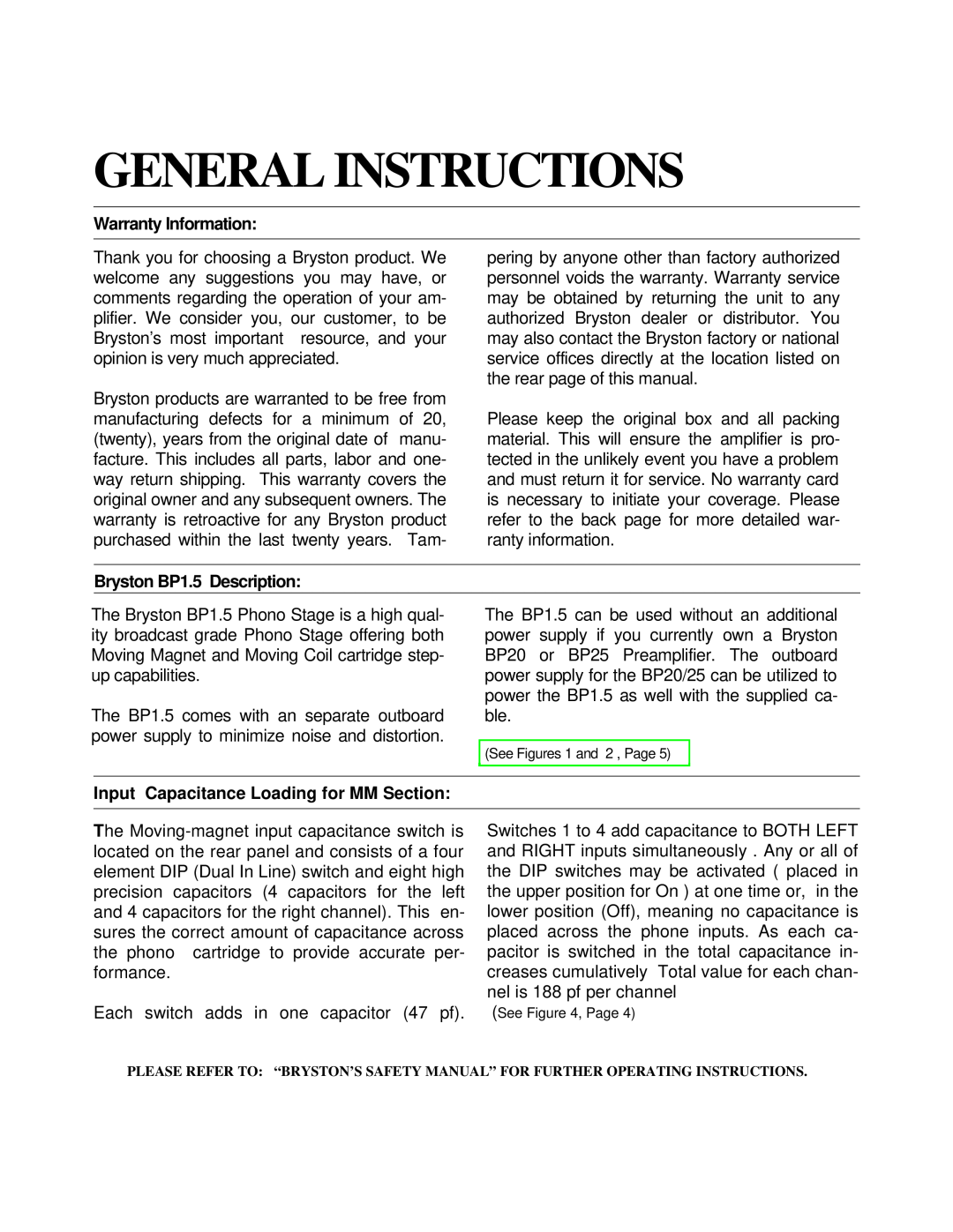 Bryston BP 1.5 owner manual General Instructions, Warranty Information, Bryston BP1.5 Description 