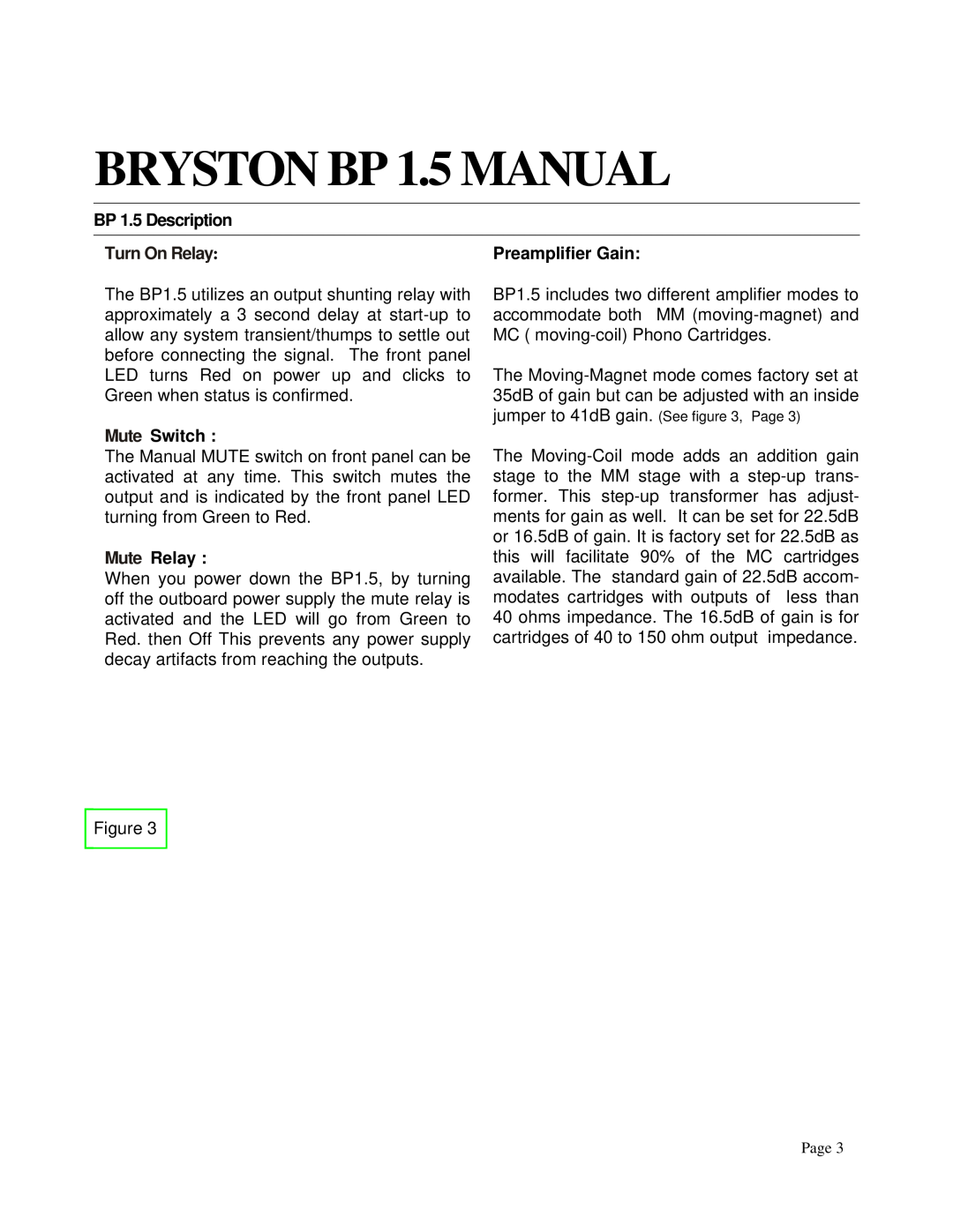 Bryston owner manual BRYSTON BP 1.5 MANUAL, BP 1.5 Description, Mute Switch, Mute Relay, Turn On Relay 