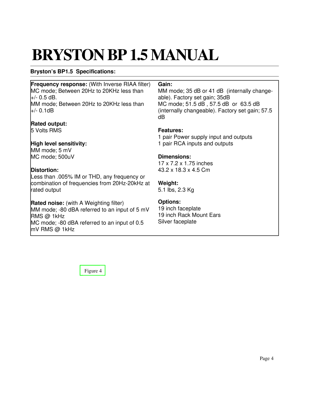 Bryston BP 1.5 Bryston’s BP1.5 Specifications, Gain, Rated output, Features, High level sensitivity, Dimensions, Weight 