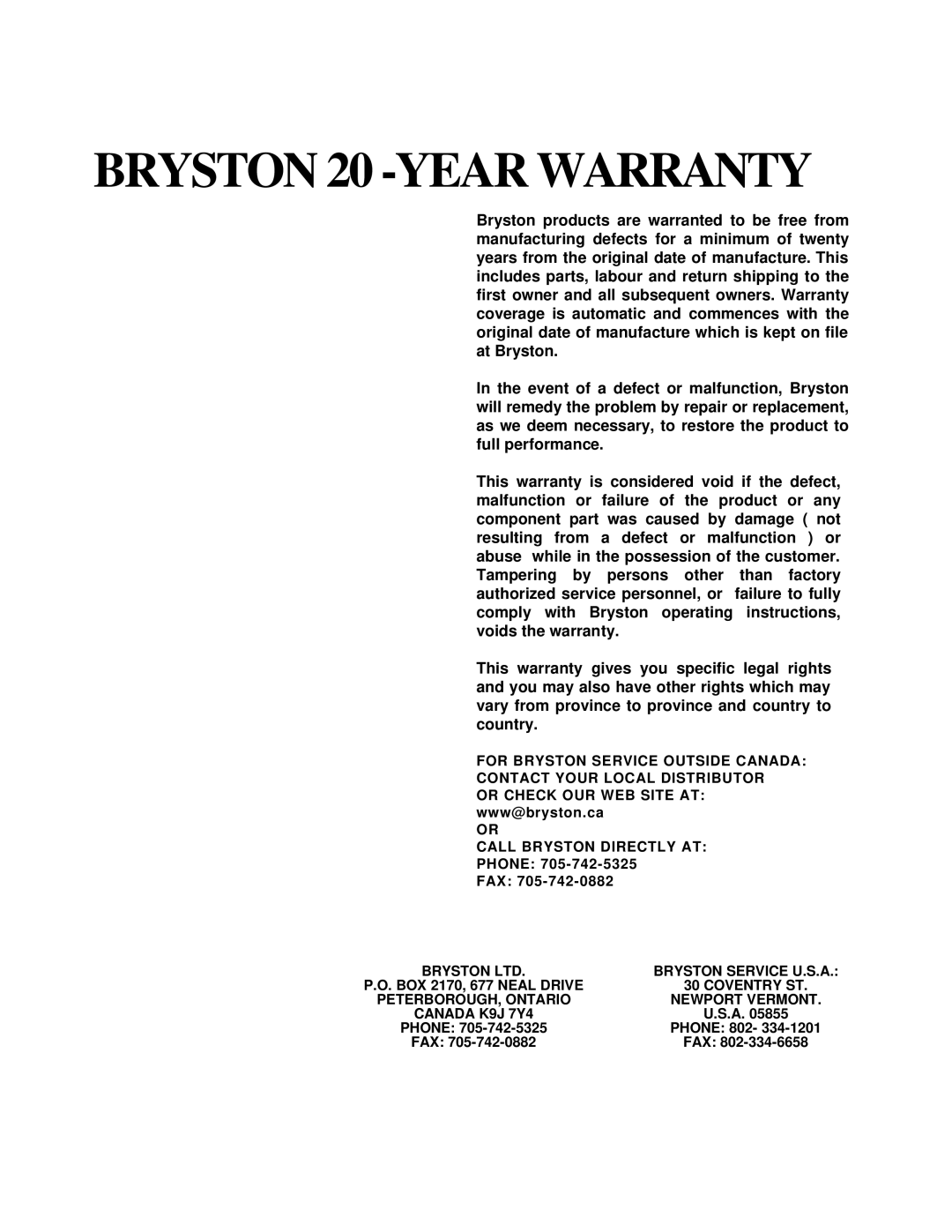 Bryston BP 1.5 owner manual BRYSTON 20 -YEAR WARRANTY 