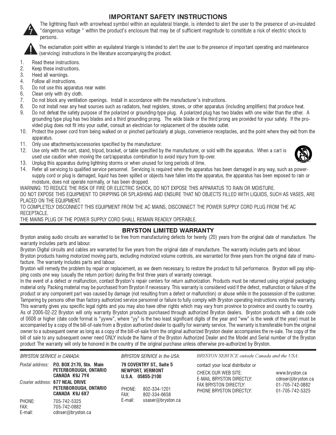 Bryston BP6DA, BP6P owner manual Important Safety Instructions, Bryston Limited Warranty 