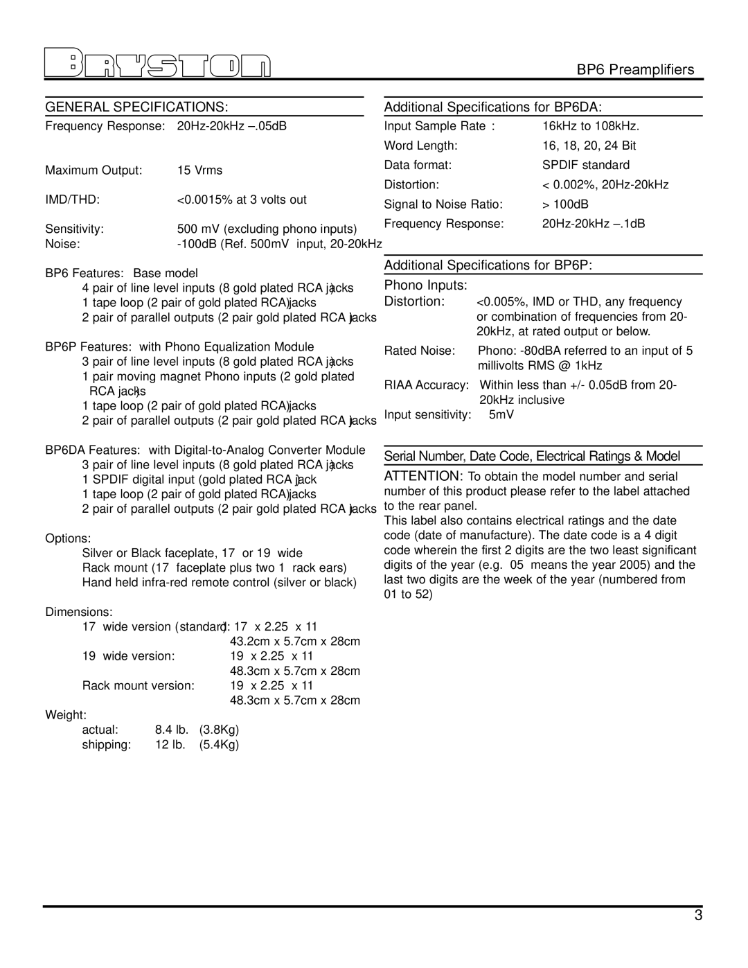 Bryston General Specifications, Additional Specifications for BP6DA, Additional Specifications for BP6P Phono Inputs 