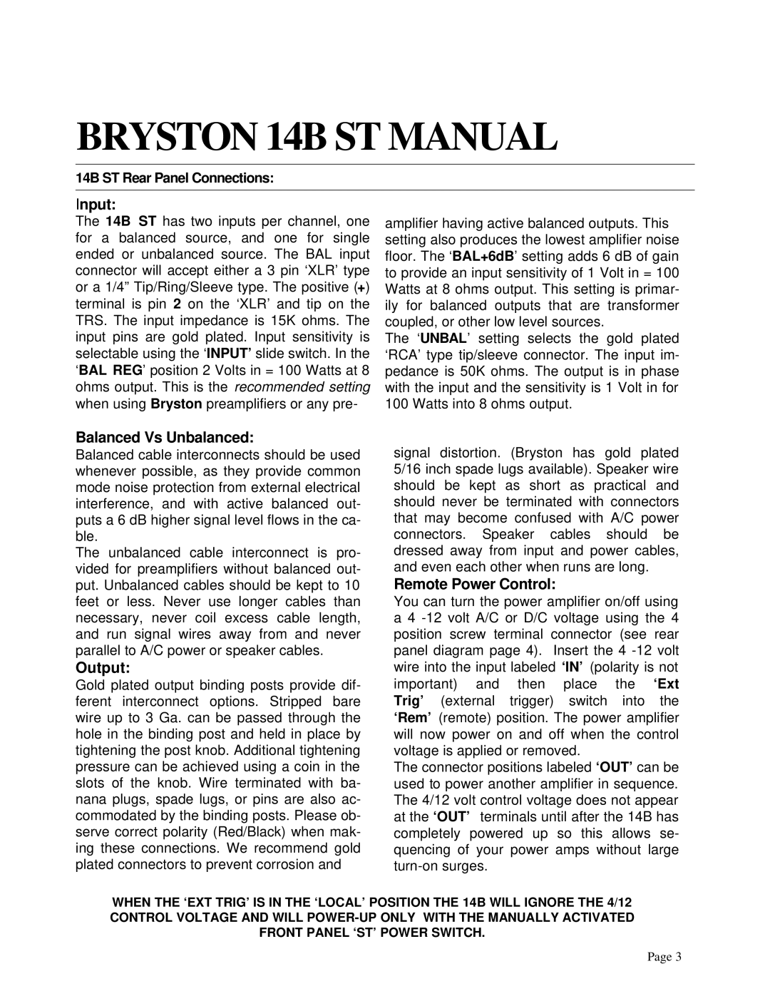 Bryston l14BST owner manual Bryston 14B ST Manual, Input, Balanced Vs Unbalanced, Output, Remote Power Control 