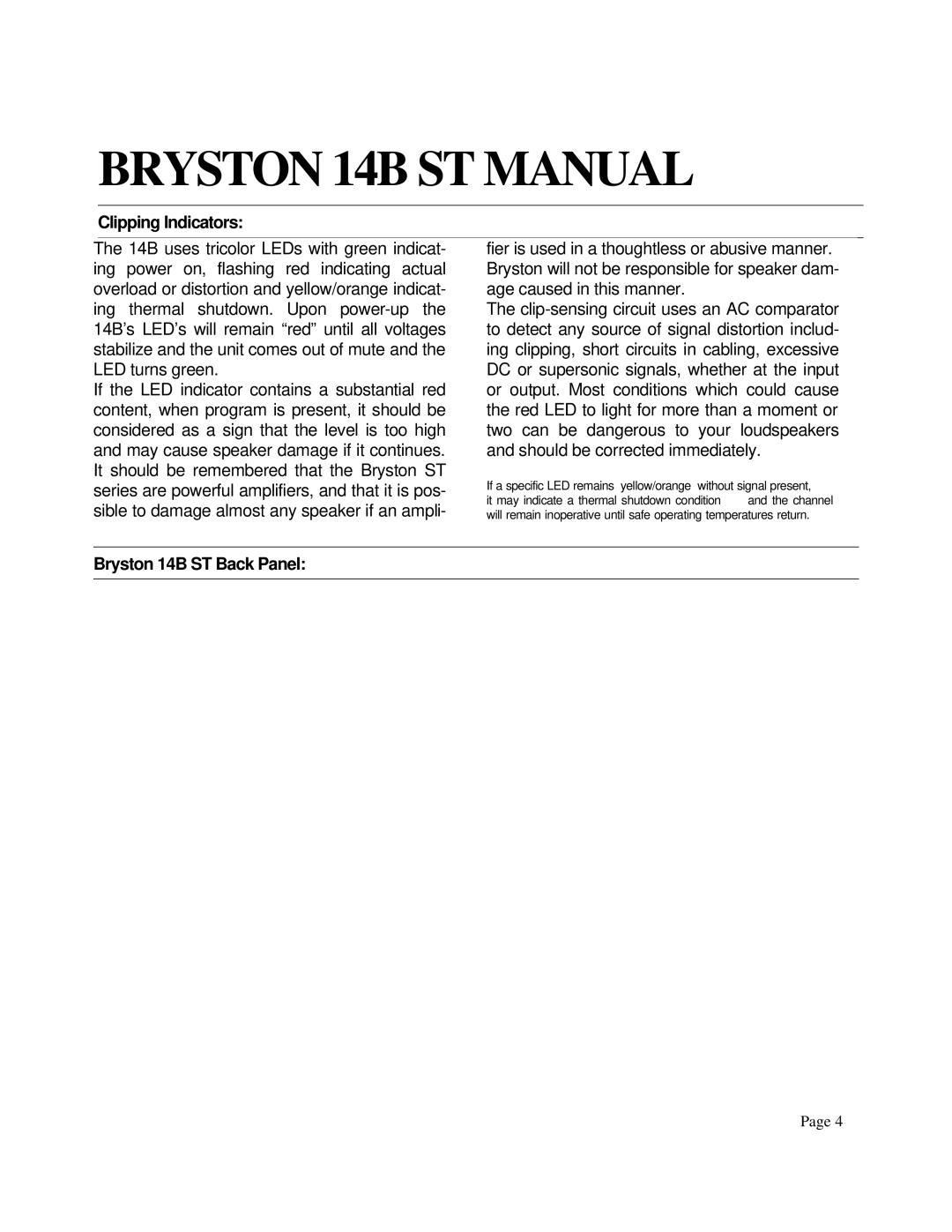 Bryston l14BST owner manual Clipping Indicators, Bryston 14B ST Back Panel 