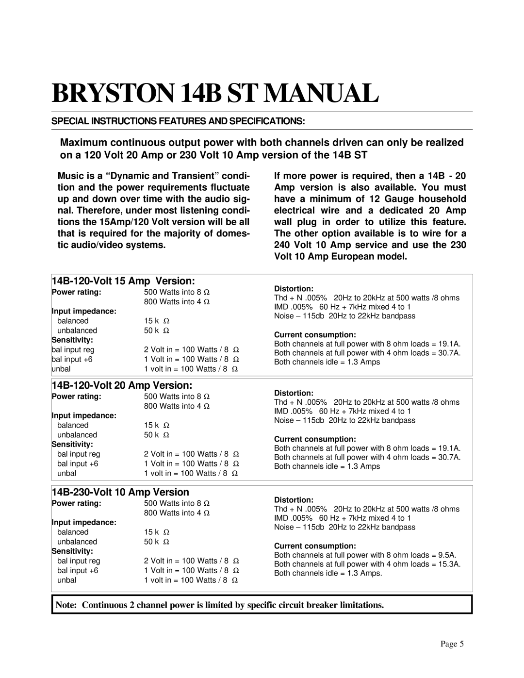 Bryston l14BST owner manual 14B-120-Volt 15 Amp Version, 14B-120-Volt 20 Amp Version, 14B-230-Volt 10 Amp Version 