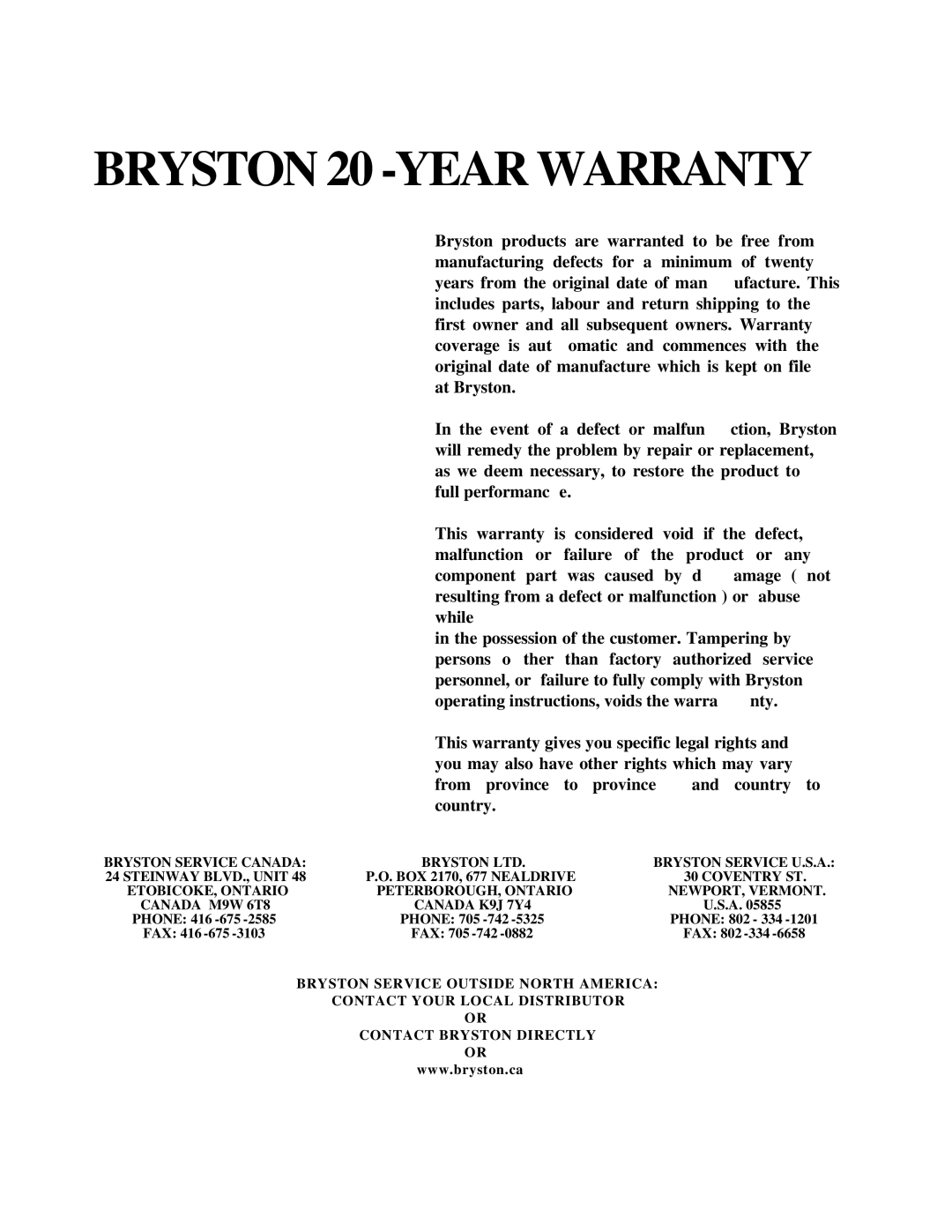 Bryston l14BST owner manual Bryston 20 -YEAR Warranty 