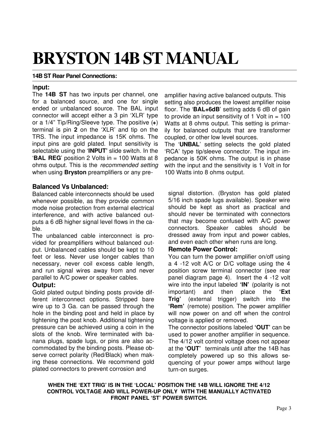 Bryston l14BST owner manual BRYSTON 14B ST MANUAL, Input, Balanced Vs Unbalanced, Output, Remote Power Control 