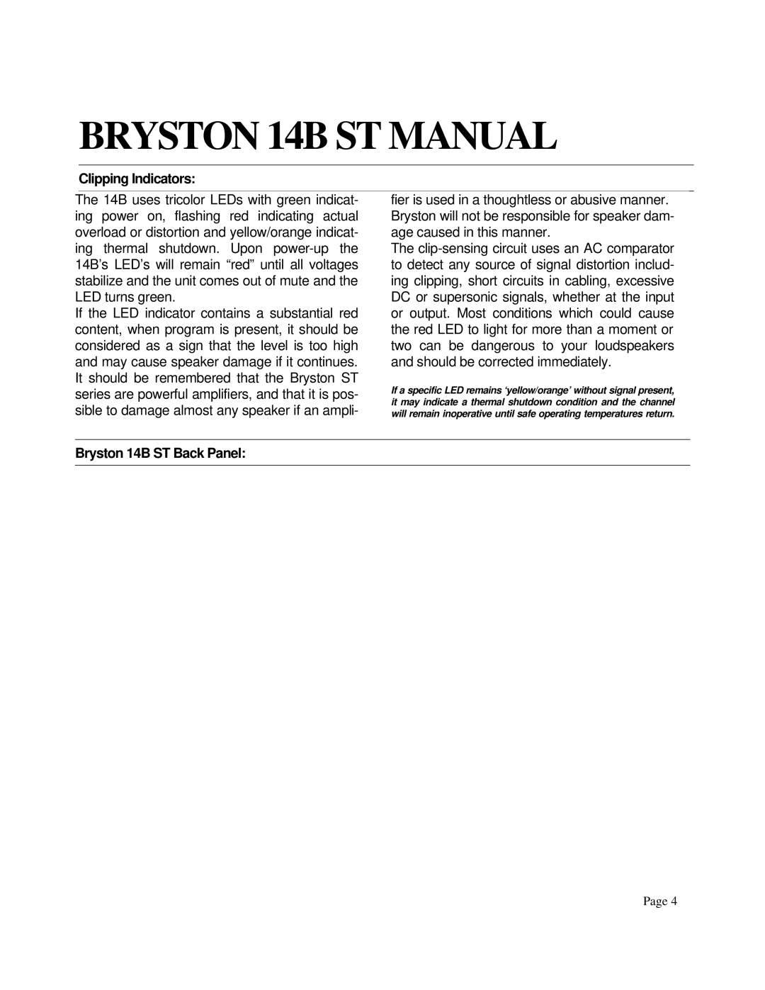 Bryston l14BST owner manual BRYSTON 14B ST MANUAL, Clipping Indicators, Bryston 14B ST Back Panel 