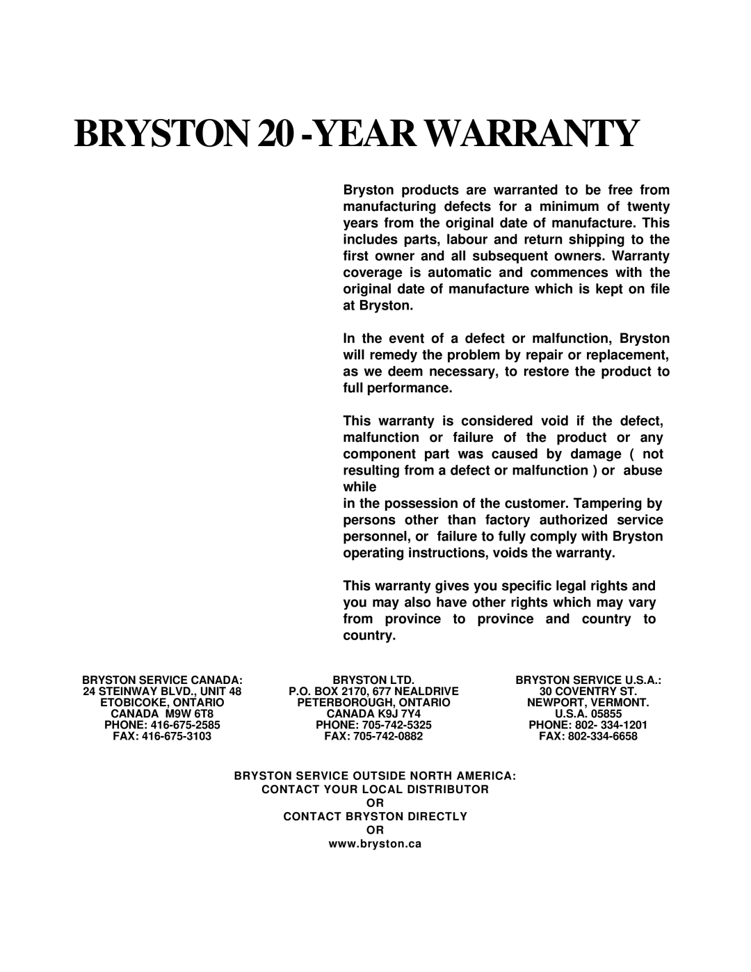 Bryston l14BST owner manual BRYSTON 20 -YEARWARRANTY 