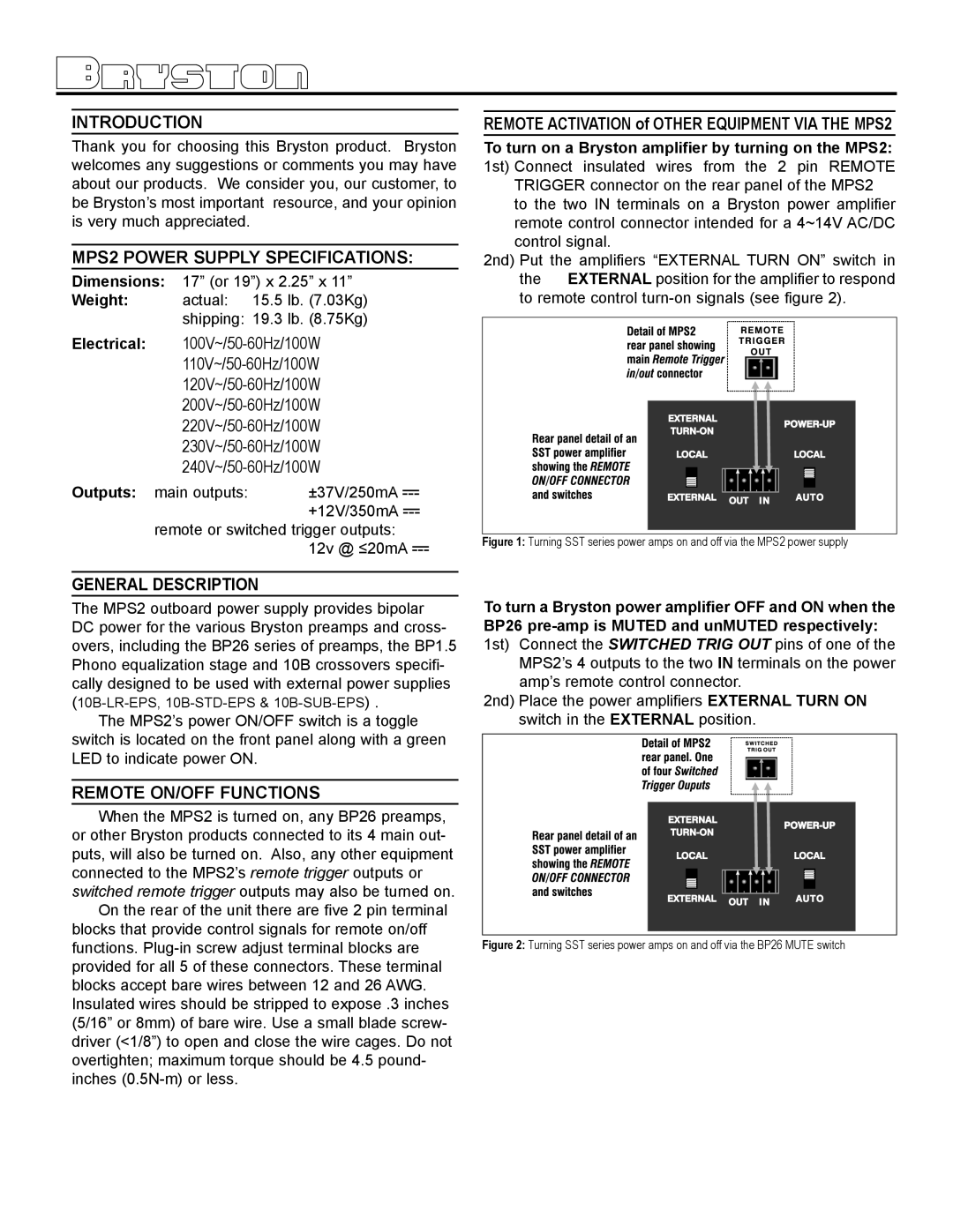 Bryston owner manual Introduction, MPS2 Power Supply Specifications, General Description, Remote ON/OFF Functions 