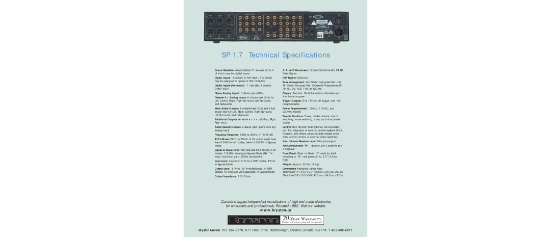 Bryston technical specifications SP 1.7 Technical Specifications 