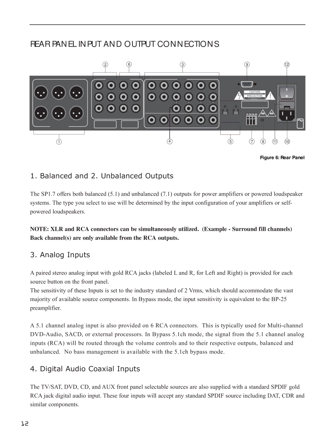 Bryston SP1.7 Series manual Rear Panel Input and Output Connections, Balanced and 2. Unbalanced Outputs, Analog Inputs 