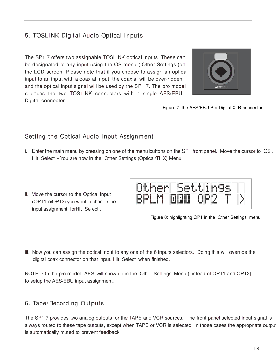 Bryston SP1.7 Series manual Toslink Digital Audio Optical Inputs, Setting the Optical Audio Input Assignment 