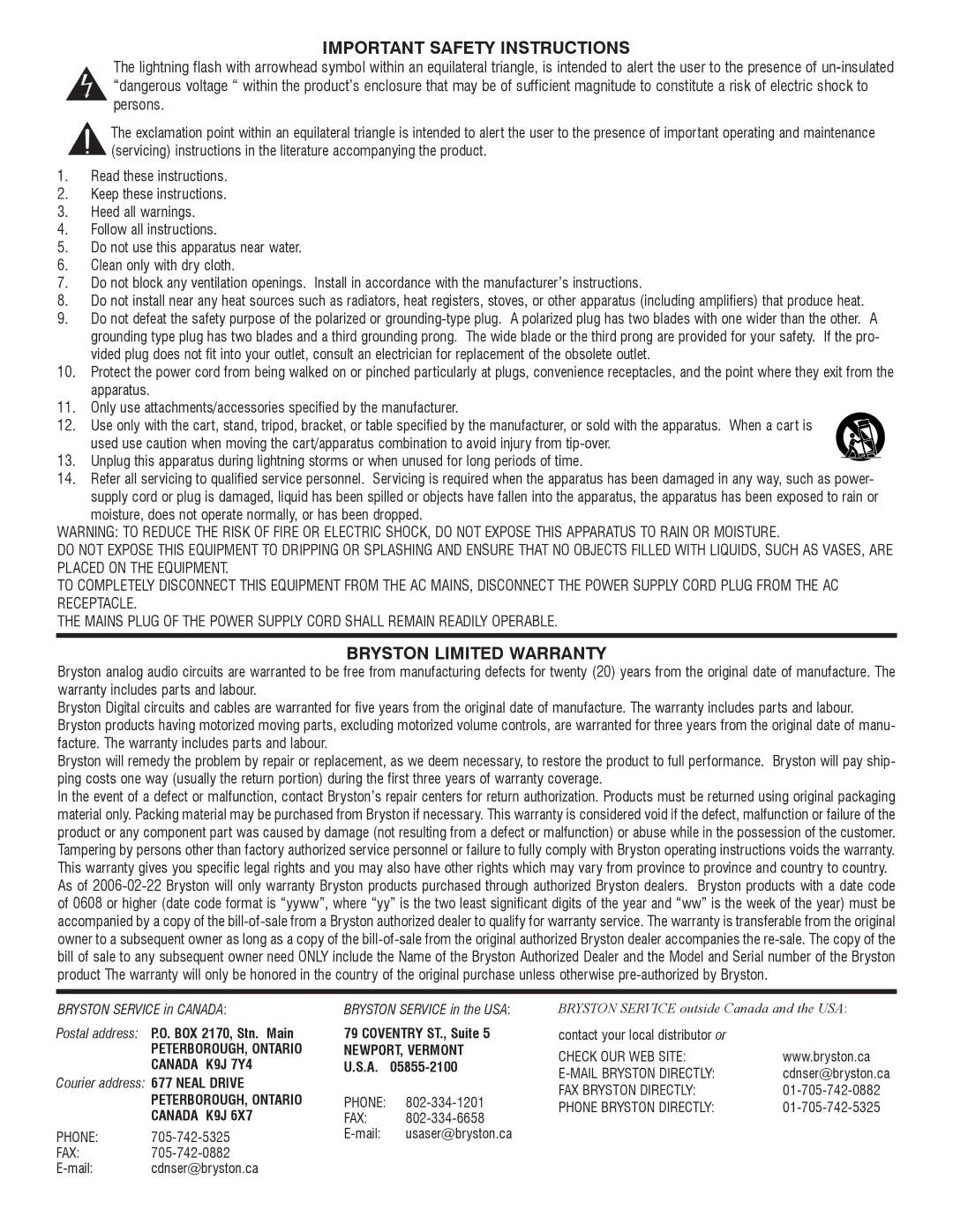 Bryston SP1.7 Series manual Important Safety Instructions 