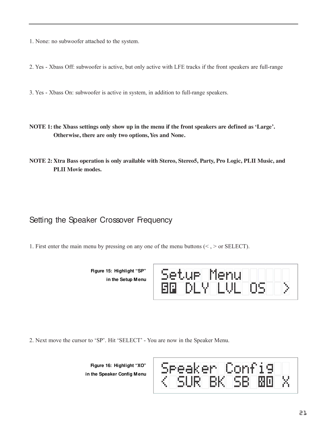 Bryston SP1.7 Series manual Setting the Speaker Crossover Frequency, Highlight SP Setup Menu 