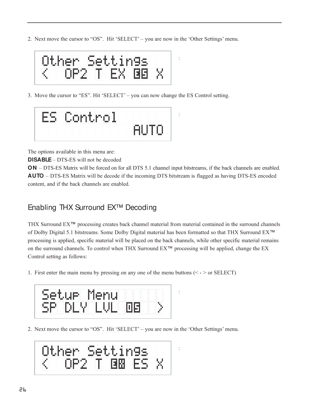 Bryston SP1.7 Series manual Enabling THX Surround EX Decoding, Hightlight ES Other Settings Menu 