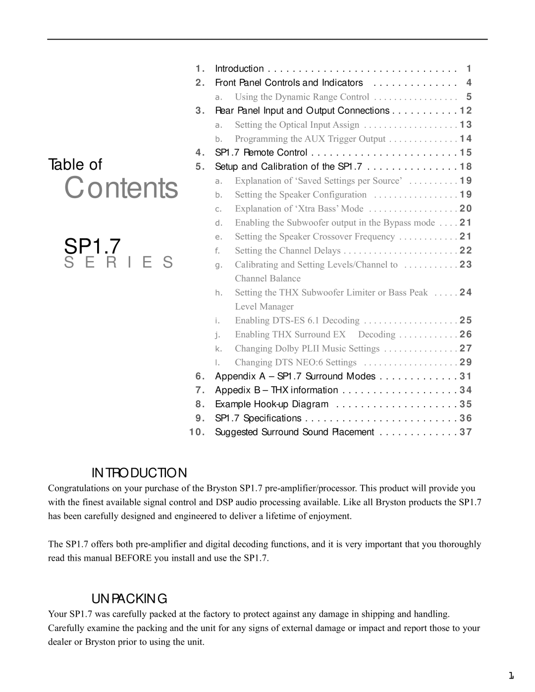 Bryston SP1.7 Series manual Contents 