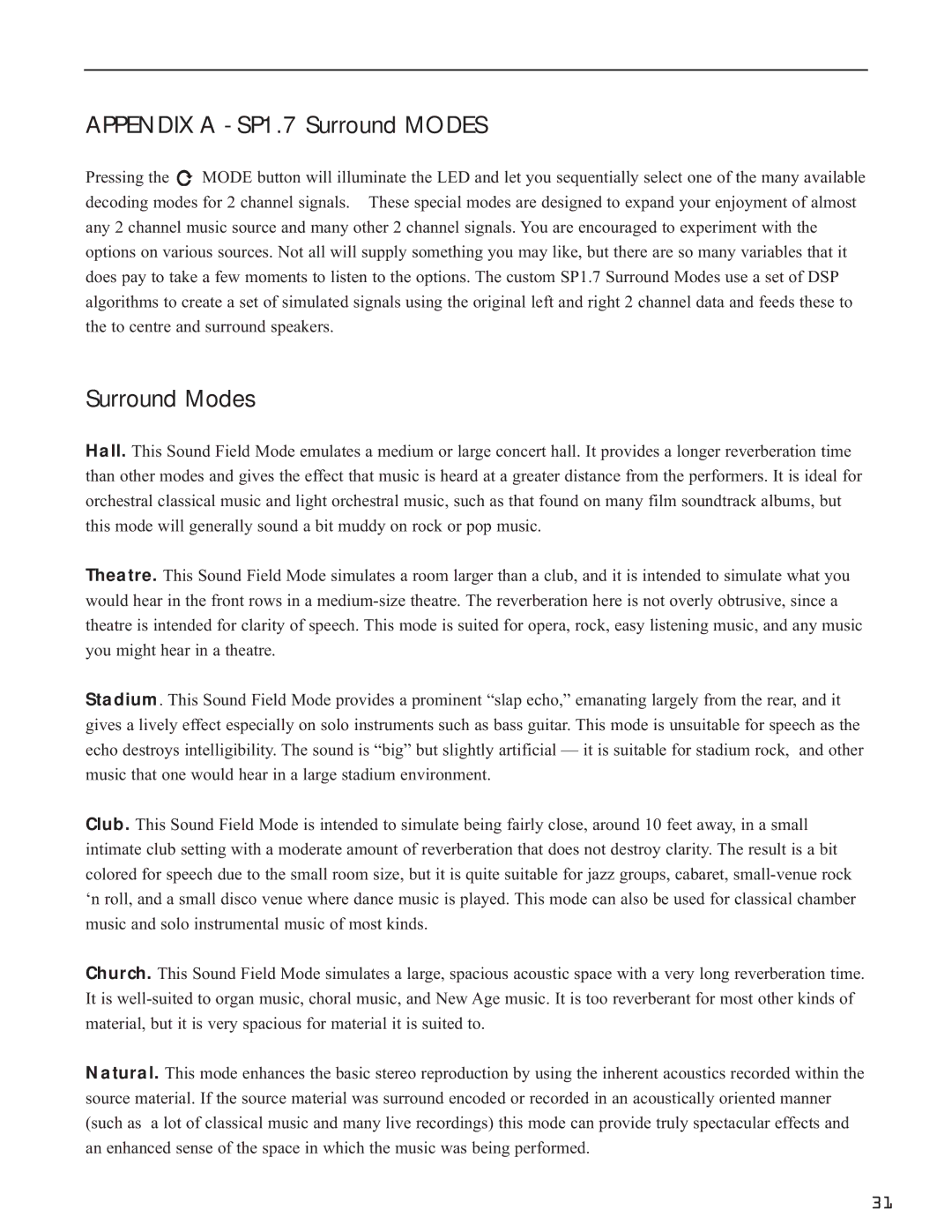 Bryston SP1.7 Series manual Appendix a SP1.7 Surround Modes 