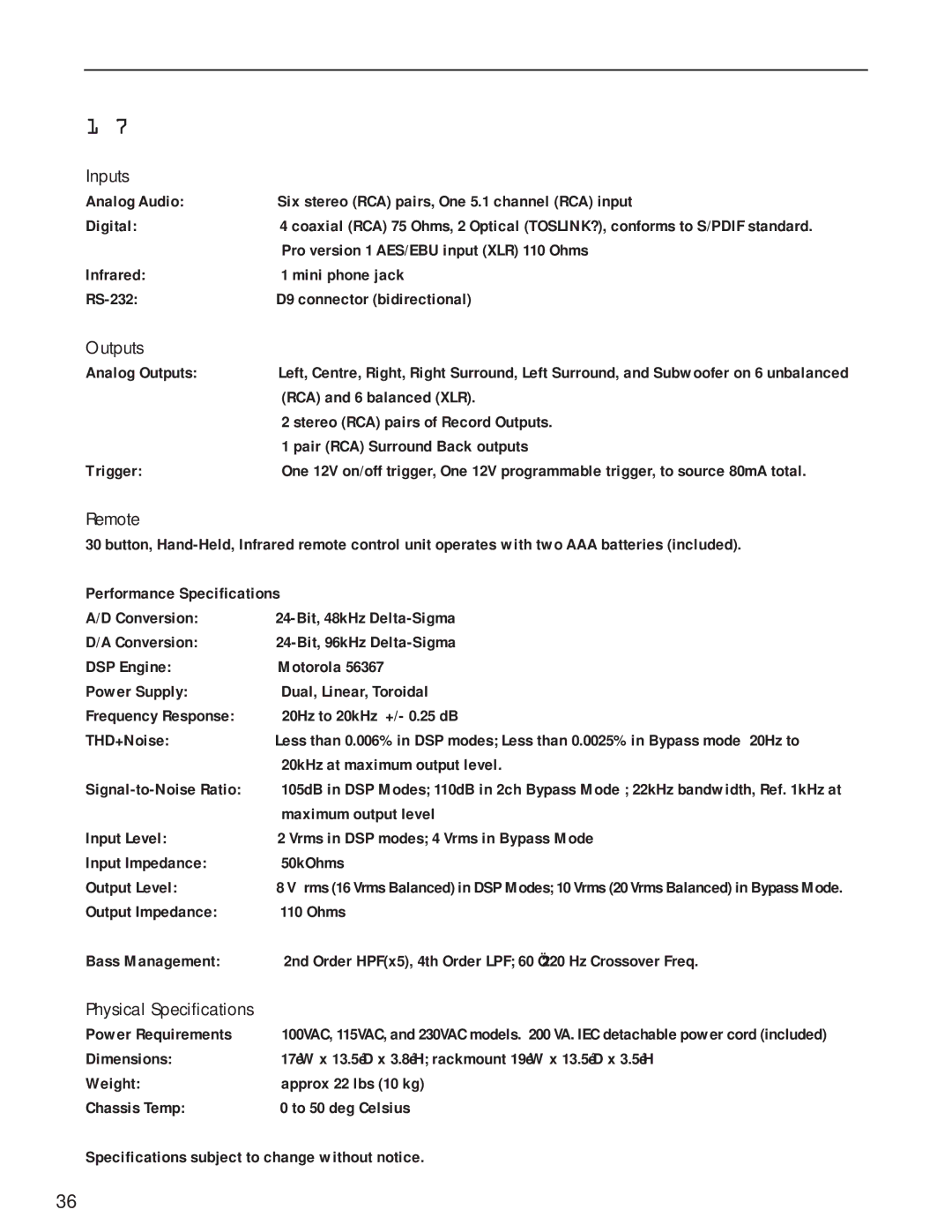 Bryston SP1.7 Series manual SP1.7 Specifications, Inputs 