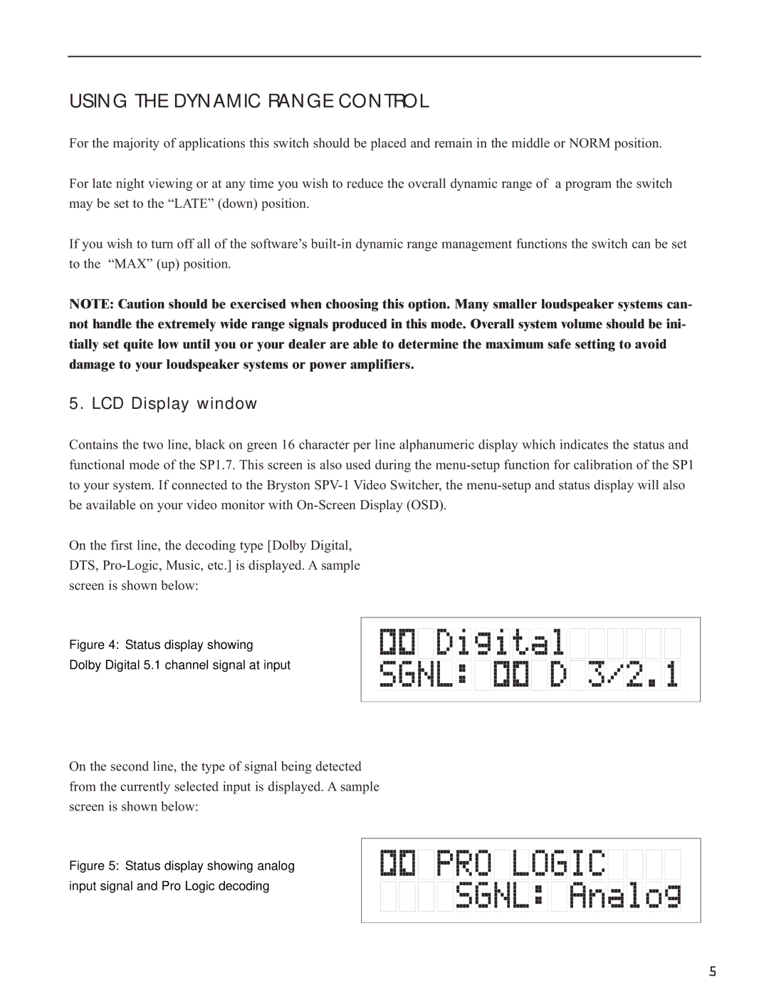 Bryston SP1.7 Series manual Using the Dynamic Range Control, LCD Display window 