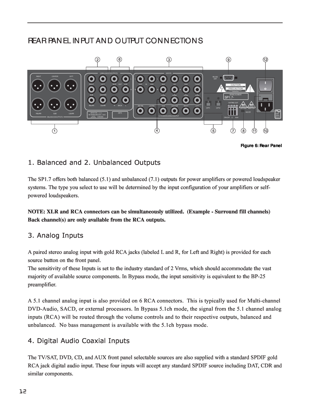 Bryston SP1.7 Series manual Rear Panel Input And Output Connections, Balanced and 2. Unbalanced Outputs, Analog Inputs 