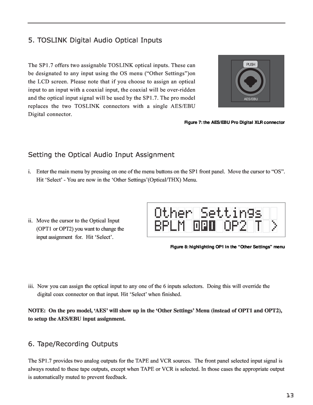 Bryston SP1.7 Series manual TOSLINK Digital Audio Optical Inputs, Setting the Optical Audio Input Assignment 