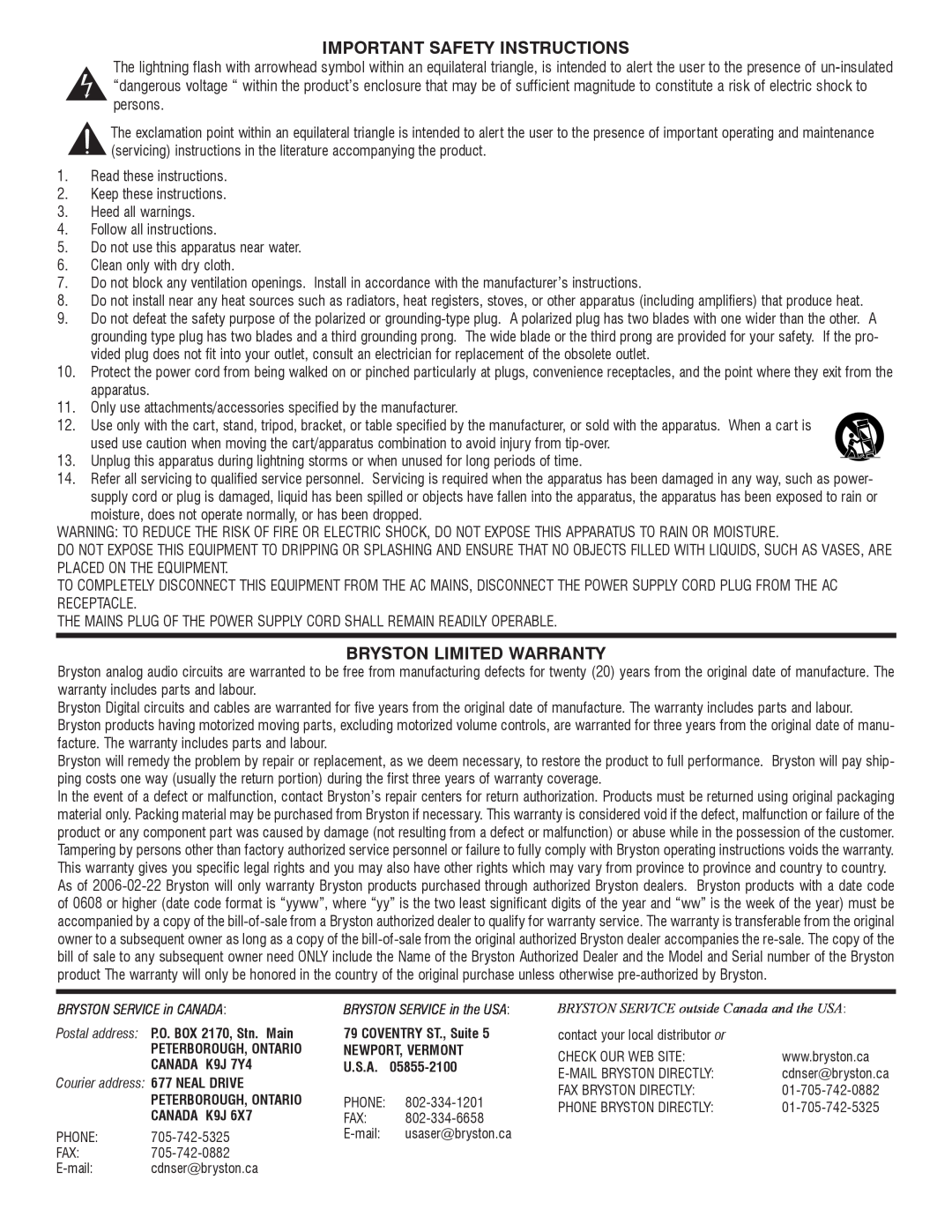 Bryston SP1.7 Series manual Important Safety Instructions, Bryston Limited Warranty 