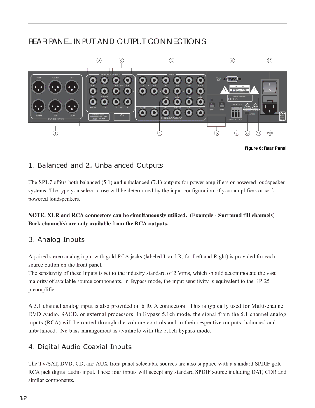 Bryston SP1.7 manual Rear Panel Input and Output Connections, Balanced and 2. Unbalanced Outputs, Analog Inputs 