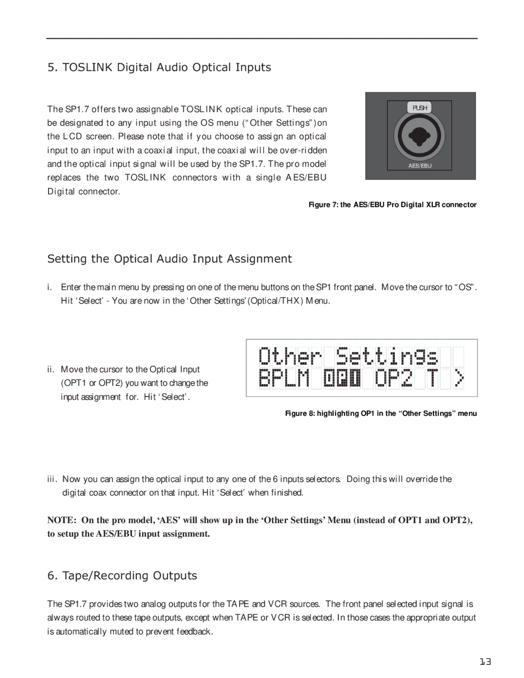 Bryston SP1.7 Toslink Digital Audio Optical Inputs, Setting the Optical Audio Input Assignment, Tape/Recording Outputs 