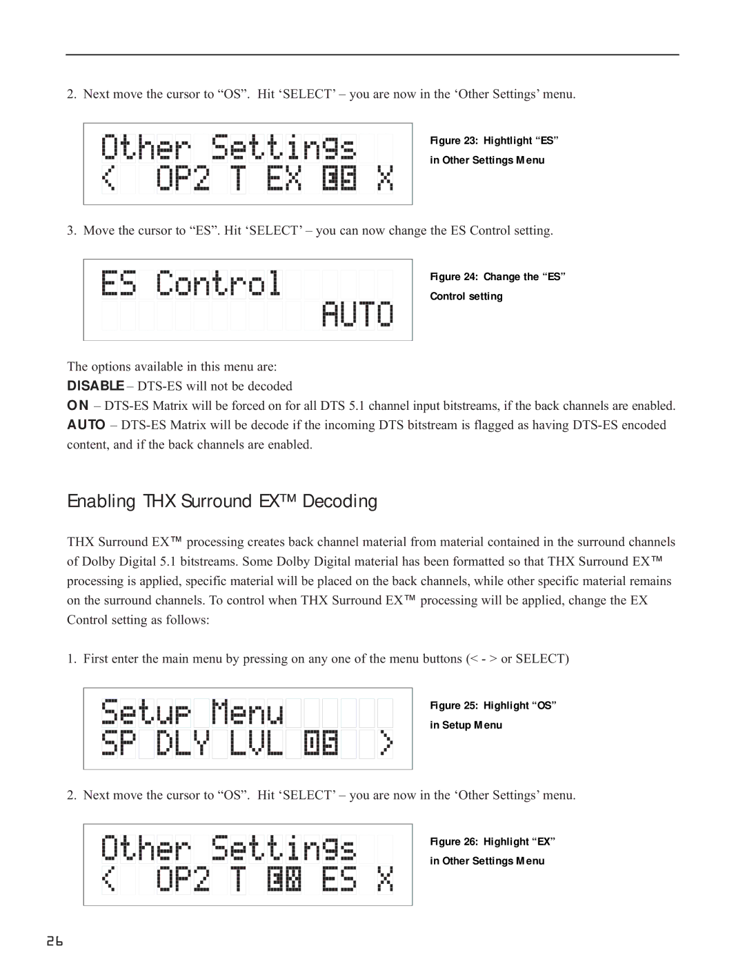 Bryston SP1.7 manual Enabling THX Surround EX Decoding, Hightlight ES Other Settings Menu 