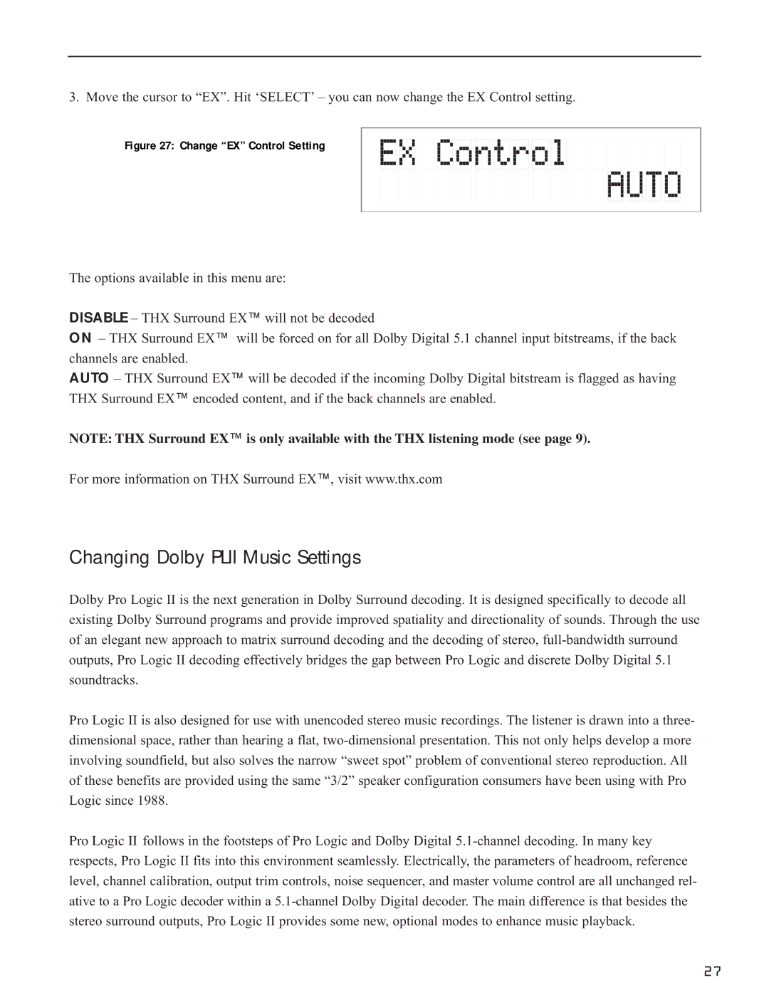 Bryston SP1.7 manual Changing Dolby Plii Music Settings, Change EX Control Setting 