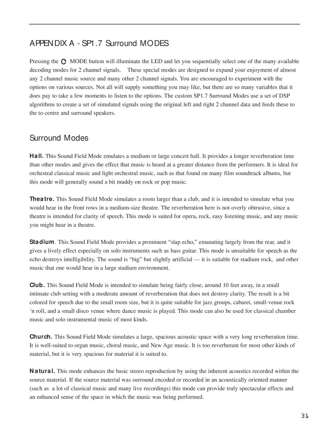 Bryston manual Appendix a SP1.7 Surround Modes 